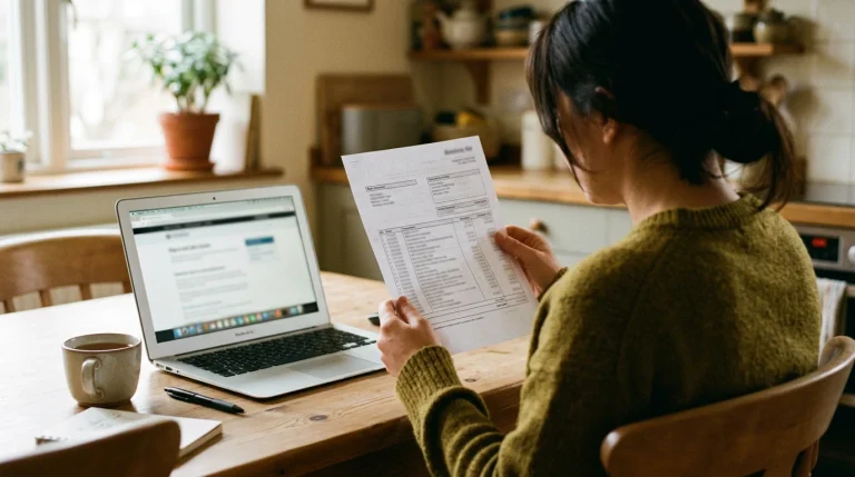 A person at a kitchen table reviewing a printed bank statement beside a laptop