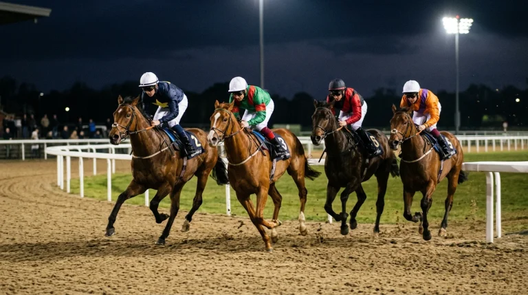 Horses galloping on a synthetic all-weather racing surface under floodlights