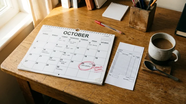 Wall calendar marked with a forthcoming horse racing date beside a printed betting slip on a wooden desk