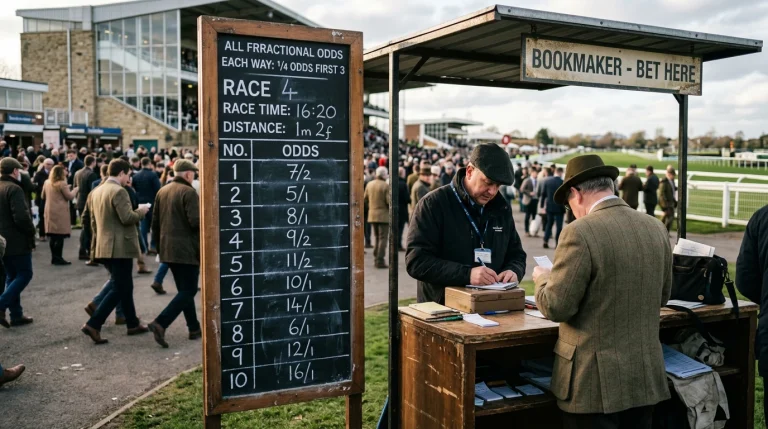 Trackside bookmaker board at a UK racecourse showing fractional odds chalked beside runner numbers