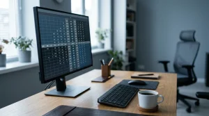 A trader's monitor showing a generic financial-style ladder of numbers next to a coffee cup