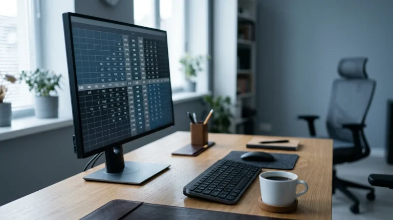 A trader's monitor showing a generic financial-style ladder of numbers next to a coffee cup