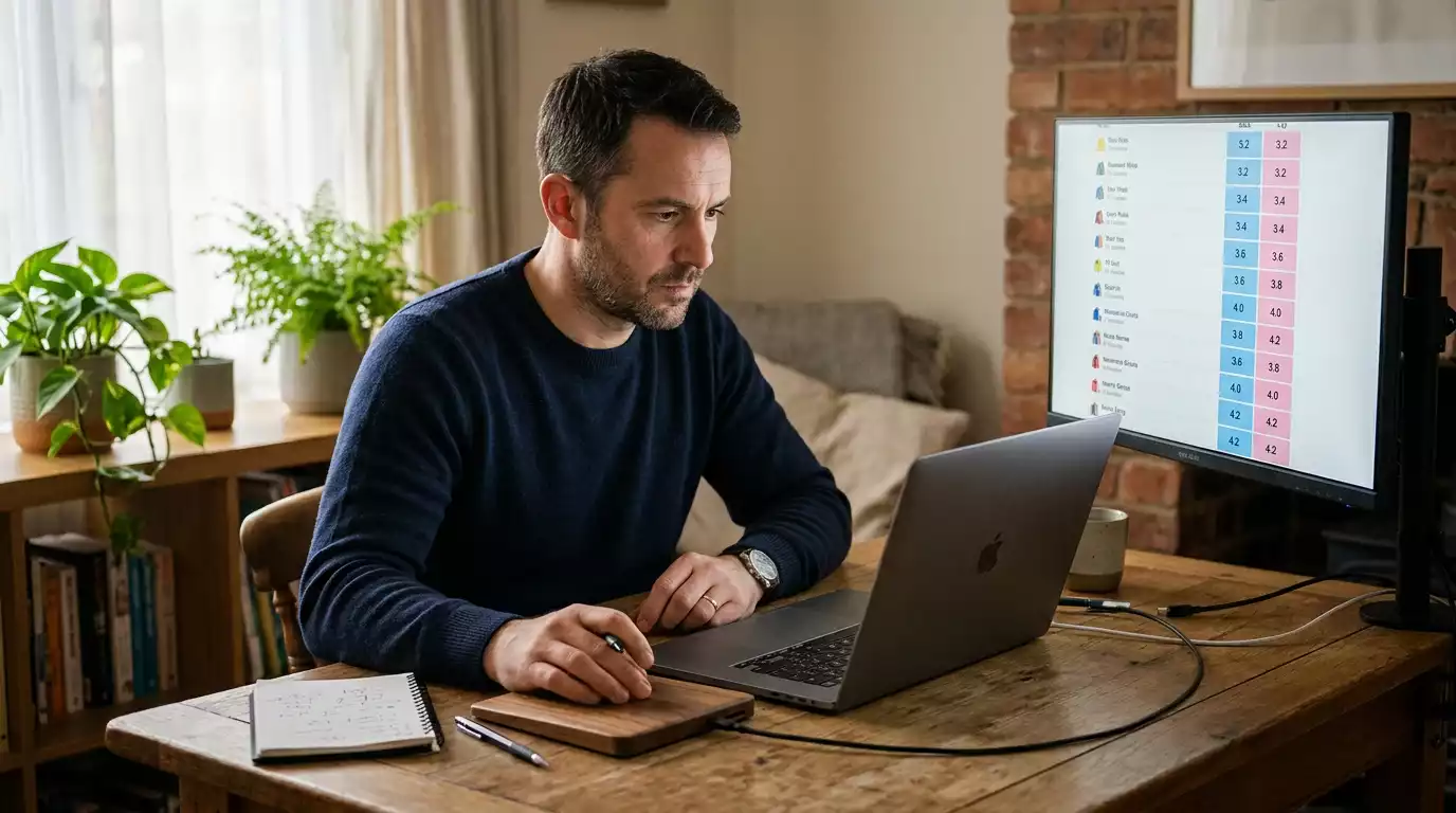A systems bettor at a wooden desk monitors a Betfair Exchange ladder on a laptop with a notebook beside it