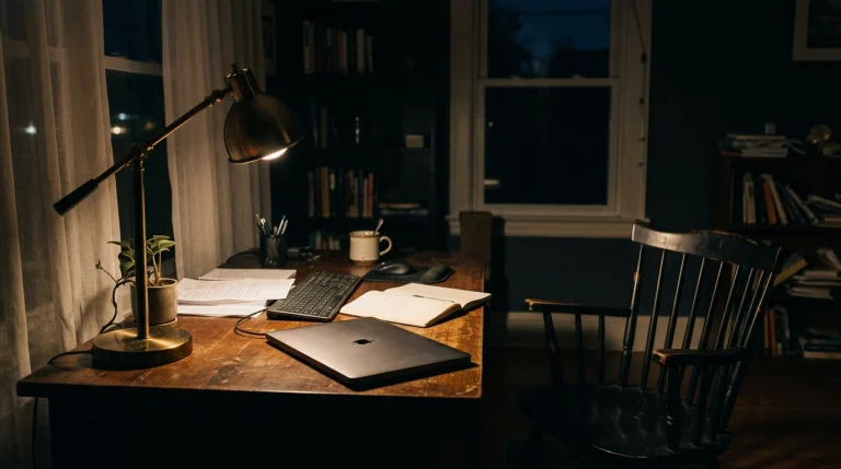 A dim home office at night with a laptop open on a desk and an empty chair pushed back