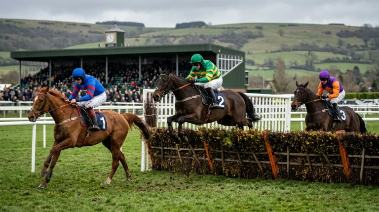 Jump racehorses clearing a hurdle at Cheltenham racecourse with rolling hills in the background