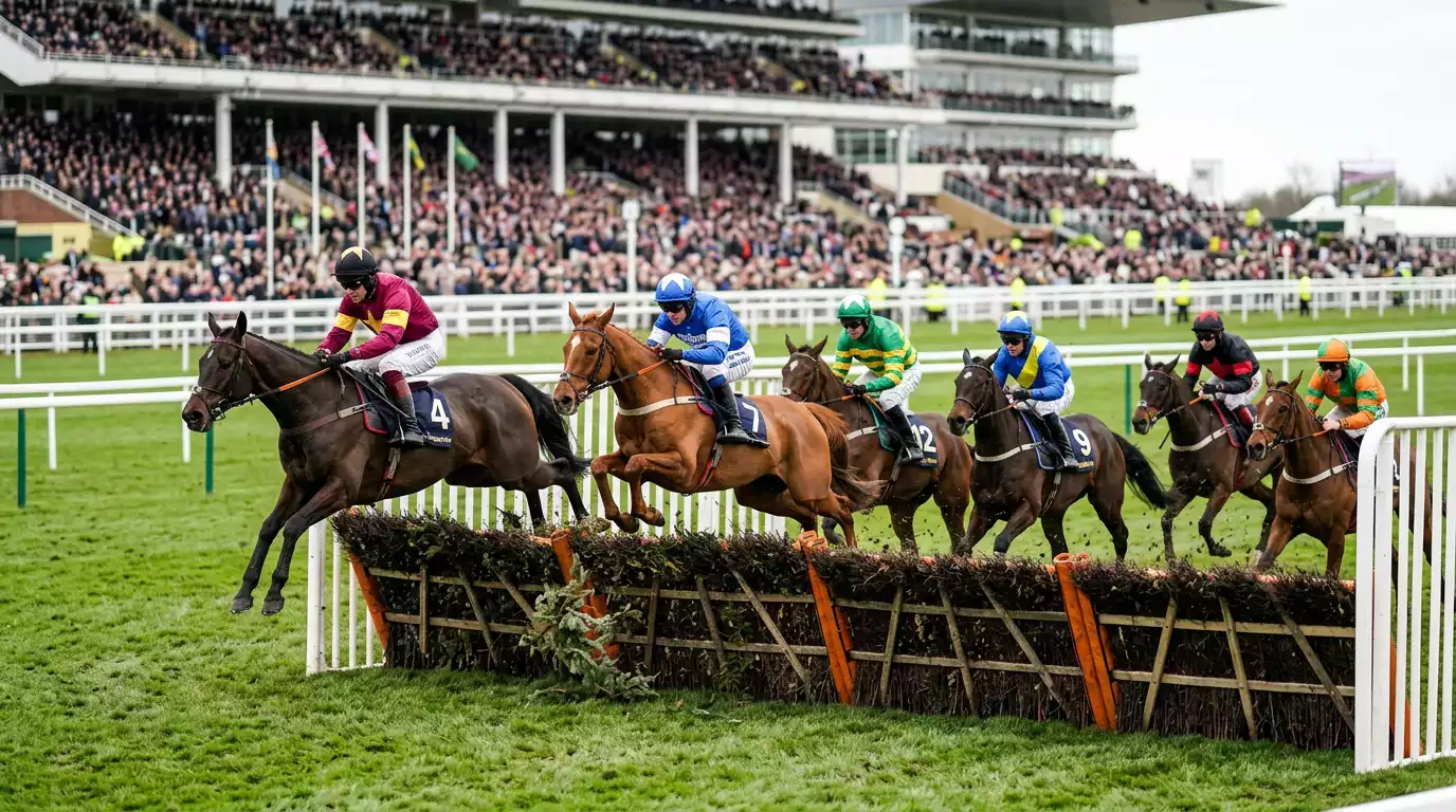 A field of jumps horses clearing a brushwood fence on turf at a packed British jumps festival under a grey March sky