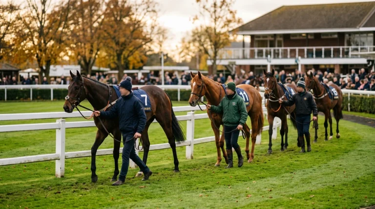 A handful of racehorses circling in the parade ring before a UK handicap race
