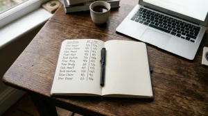 A racing pundit's notebook with handwritten odds entries beside a laptop on a kitchen table