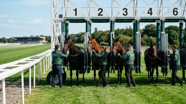 Stalls handlers loading horses at a UK flat racecourse, low draw numbers visible on the gates