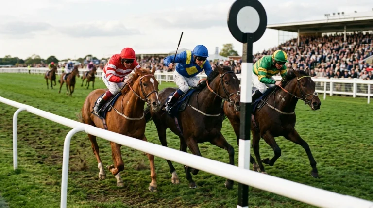 Field of UK racehorses passing the finishing post with three horses finishing close together