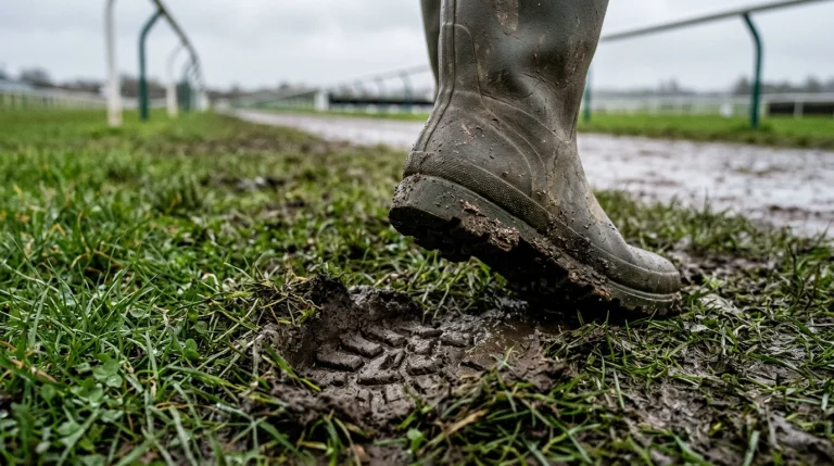 Close-up of a groundsman's boot pressing into soft turf at a UK racecourse