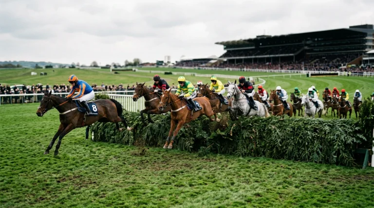 Wide field of National Hunt horses jumping a green spruce fence at a UK steeplechase course