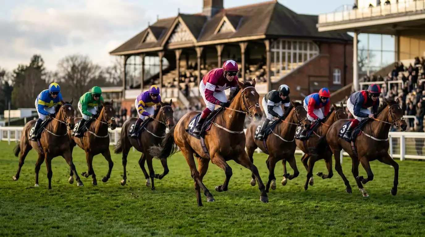 A British racecourse on a winter afternoon with the field passing the stands
