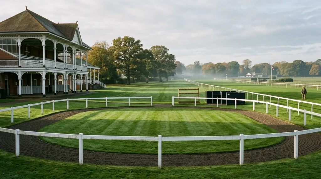 A quiet UK racecourse grandstand and parade ring before the first race of a midweek meeting, with rails and silks racks in view
