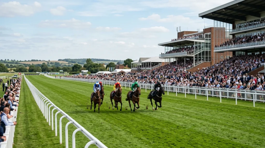 Wide view of a UK racecourse with the grandstand on a sunny race day and horses on the track