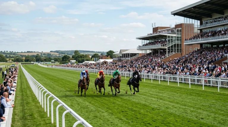 Wide view of a UK racecourse with the grandstand on a sunny race day and horses on the track