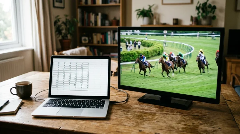 A laptop screen showing a generic numeric grid beside a small TV playing live UK horse racing on mute