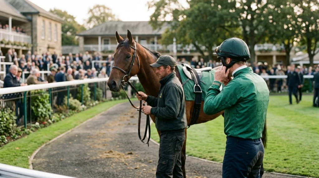A jockey in plain silks adjusting his helmet strap beside a saddled racehorse in the parade ring