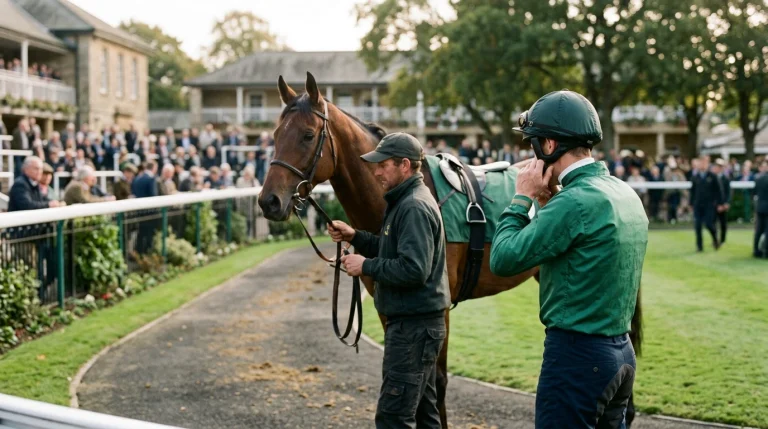 A jockey in plain silks adjusting his helmet strap beside a saddled racehorse in the parade ring