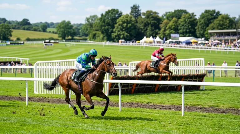 Split scene of a flat-race sprint on turf and a hurdle jumper mid-air at a UK racecourse