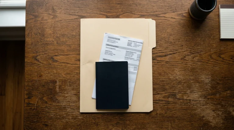 A neatly arranged folder with a plain passport and a utility bill on a wooden desk