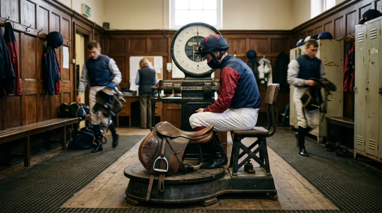 A jockey weighing in on a set of scales inside the weighing room with a saddle on the platform