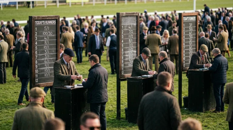 A row of trackside bookmakers' boards at a UK racecourse showing fractional odds beside runner numbers