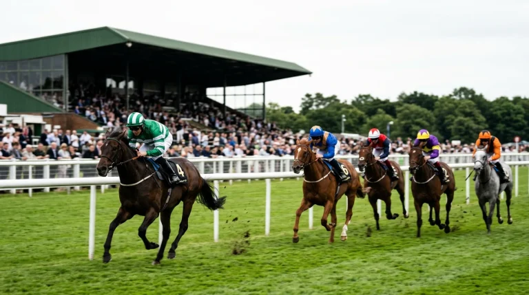 UK racehorses stretched out along the rail with a clear front-running leader and the field strung out behind