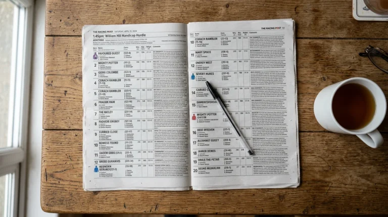 Printed UK racecard from the Racing Post laid open on a wooden table with a pen and a cup of tea beside it