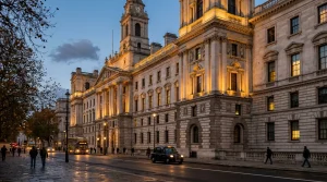 Stone facade of a classical Westminster government building photographed in the early evening