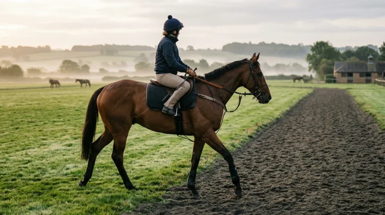 A racehorse stepping from turf onto an all-weather training strip at a UK gallop