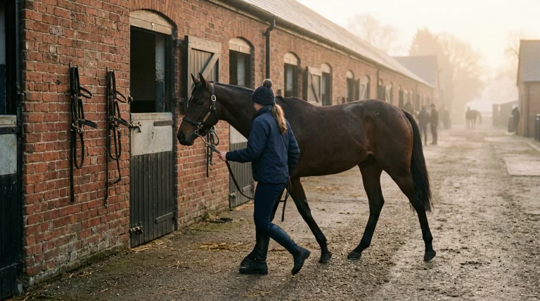 Racehorse being led from a training yard stable block on a misty UK morning