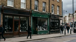 A row of generic high-street betting shop frontages on a British town street