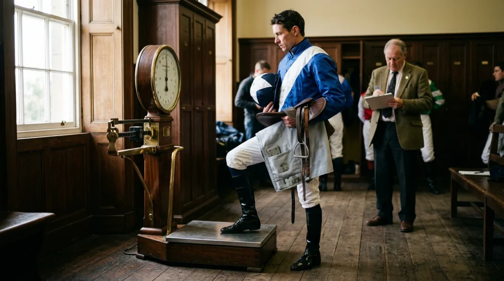 A jockey in silks stepping onto the weighing-room scales with saddle and weight cloth before a UK handicap race
