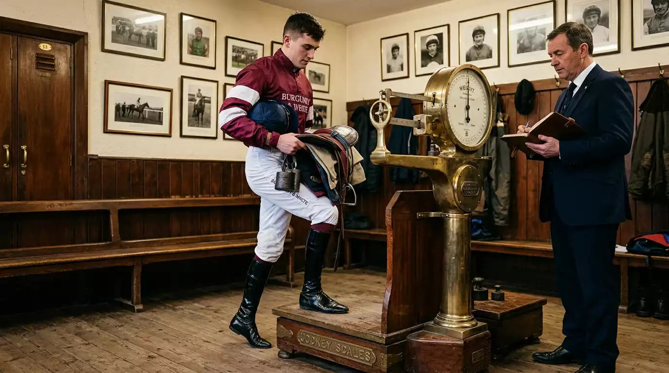 A jockey in burgundy and white silks stepping onto the brass scales of a British racecourse weighing room