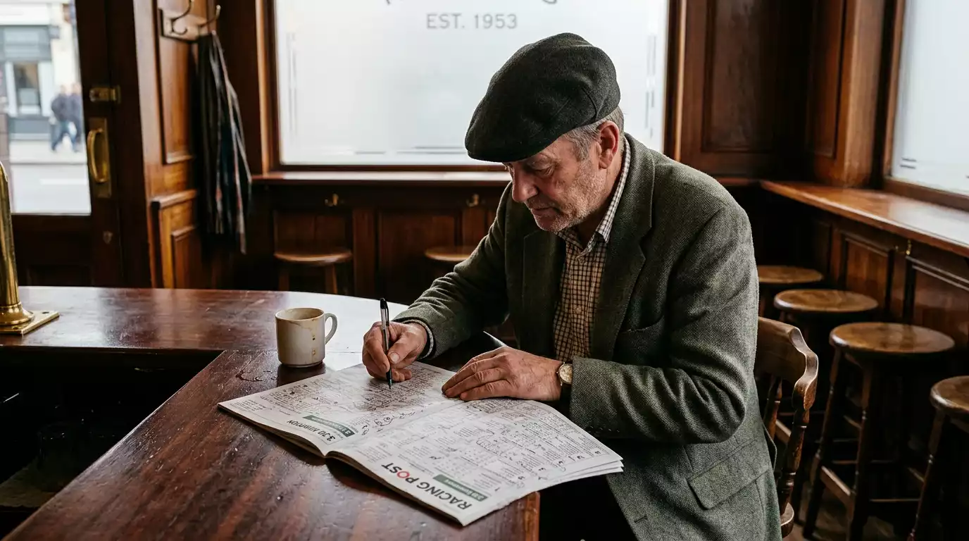 A studious British punter reads a Racing Post broadsheet at a quiet betting shop counter