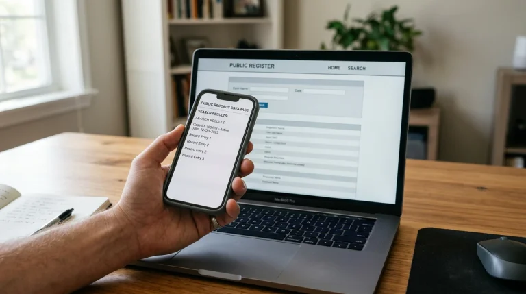 Hand holding a smartphone in front of a laptop screen showing a generic public register page