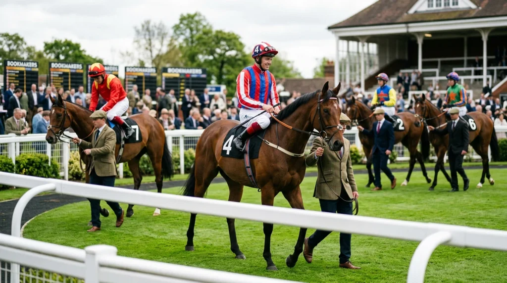 Thoroughbreds walking around the parade ring before a UK flat handicap, with jockeys in coloured silks mounting up